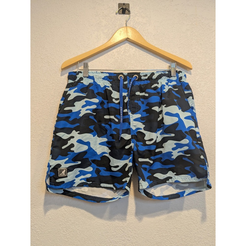 Kangol Swim Trunks Camo Print Drawstring Swim Shorts Blue Black Size M 0219‎
